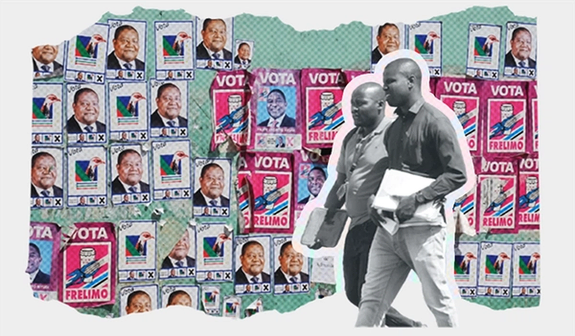 Image of two men walking next to a wall containing Mozambique campaign flyers