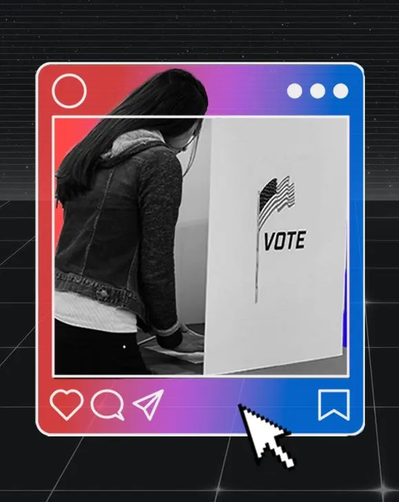 Image of person voting surrounded by a social media post box