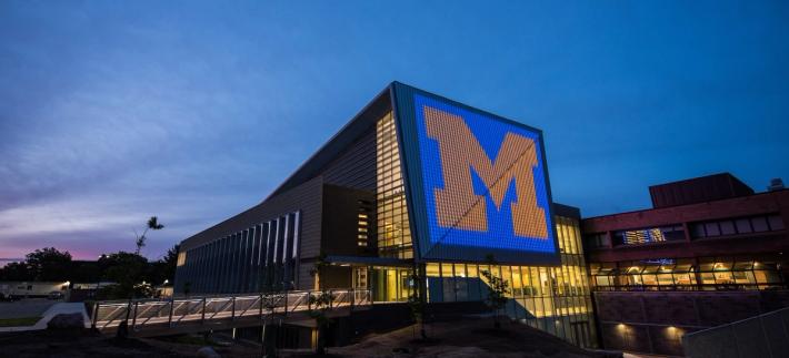 block M emblazoned on a building